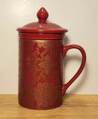 Taza de té Pottery Barn con infusor de té y tapa, 8 oz, taza de café roja y dorada chinoise Foto 1 de 4