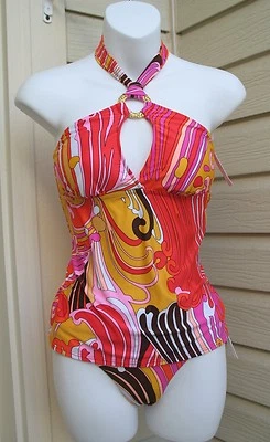 TRINA TURK размер 6 Бали волны с бретелью через шею танкини 2 изделия купальник комплект розовый красный желтый - Изображение 1 из 4