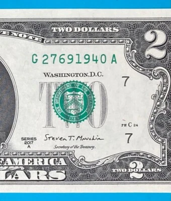 TRAILING YEAR 1940 (G 2769 1940 A) $2 Two Dollar Bill Serial Number 2017A *UNC* - Image 1 of 3