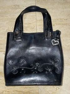 Vintage Brighton bestickt Blumen schwarz Leder Mini Beuteltasche Tasche 8,5x7,5" - Bild 1 von 8