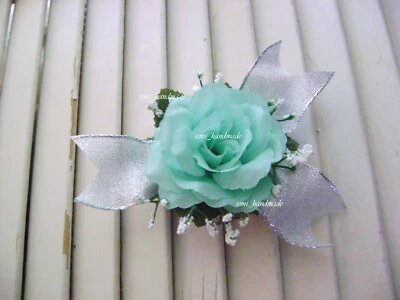 Teal*Wrist*Pin*corsage*Boutonniere*with silver ribbon*Prom*Wedding*Quinceanera - Image 1 of 3