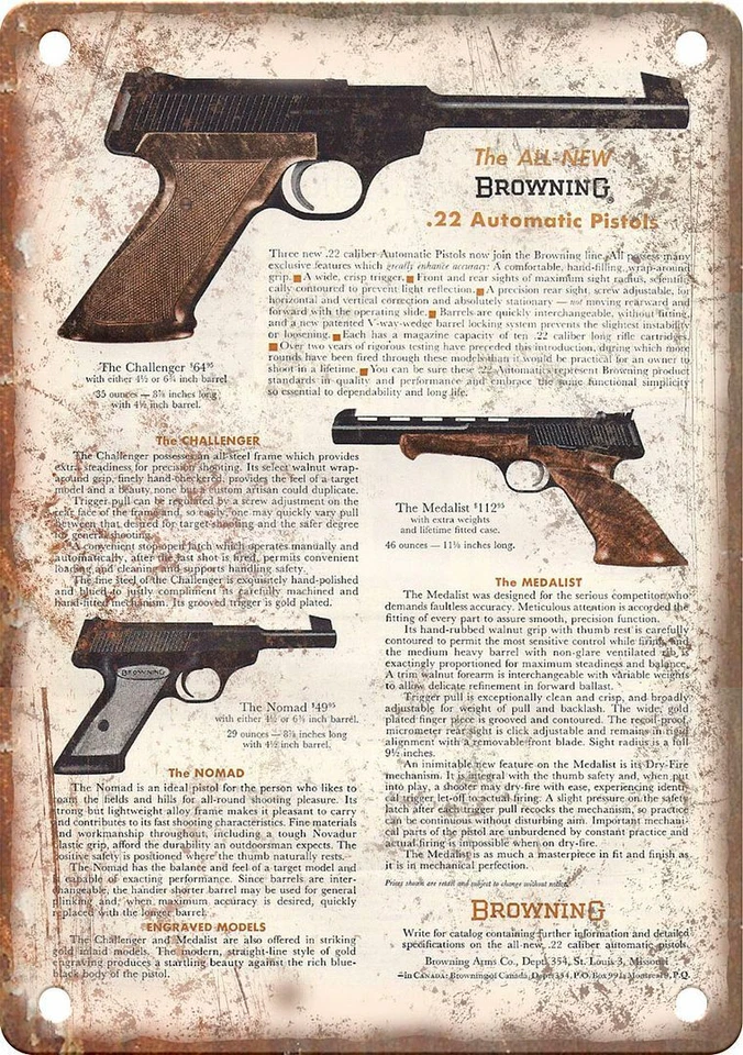 Browning .22 Automatic Pistol Vintage Ad 12" x 9" Reproduction Metal Sign O41 - Image 1 of 1
