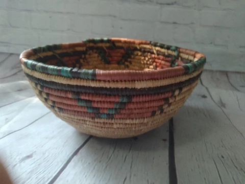 Vintage Coil Basket Bowl Hand Woven Dyed Pattern 11x5 Inches Cover