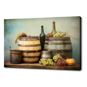 Vintage Wine Barrels Bottles Winery Kitchen Modern Decor Canvas Print Wall Art - Picture 1 of 9