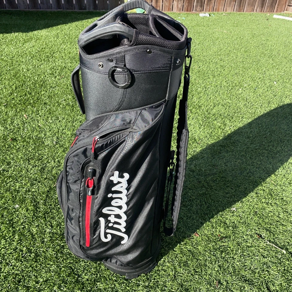 Titleist Club 7 手推车包黑色 7 路分隔单带高尔夫包红色口音 — 第 1/4 张图片