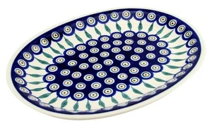 Plato mediano ovalado de cerámica polaca 11,5" de largo, 8,75" de ancho - diseño de pavo real - Imagen 1 de 3