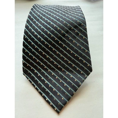 Claiborne Men's Necktie Silk Black Teal Gold Striped Polka Dot Handmade - Image 1 of 4
