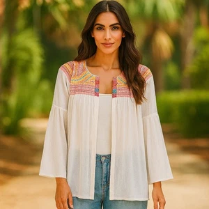 Tantrums Open Front Embroidered Tapestry Gauzy Boho Peasant Top Bell Sleeves New - Picture 1 of 16