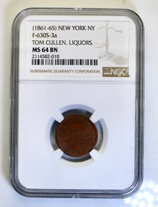 1861 -1865 NEW YORK, NY TOM CULLEN LIQUORS NOT ONE CENT MERCHANT TOKEN NGC - Bild 1 von 4