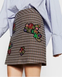 Zara Woman Mini Skirt Womens Small Gingham Plaid Embroidered Floral Boho XS - Picture 1 of 6