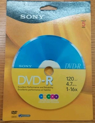 Sony DVD-R 5 pack - 120 minutes 1x-16x Speed Color Discs New Sealed Blue Pack - Image 1 of 2