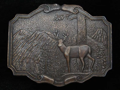 QG23105 VINTAGE 1970s **DEER IN MOUNTAIN FOREST** COMMEMORATIVE ART BELT BUCKLE - Image 1 of 2