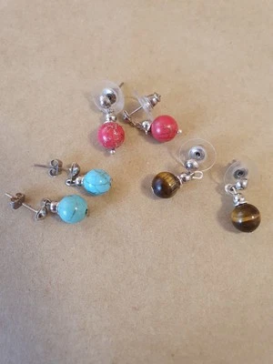 3 Paar Edelstein Ohrringe aus  Jaspis, Tigerauge, Türkis.  Stecker D 8mm - Bild 1 von 2