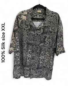 A[X]IST 100% Silk Short Sleeve Button Front Black/tan print Shirt XXL EUC - Picture 1 of 5
