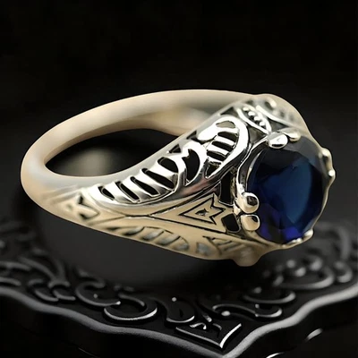 VINTAGE STYLE ROYAL BLUE SIMULATED SAPPHIRE 925 SOLID STERLING SILVER RING 1776 - Image 1 of 4