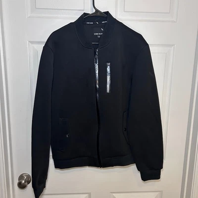 Stone Falcon Bomber Jacket Men's Large Black Full Zip Pockets Streetwear Punk - Image 1 of 4