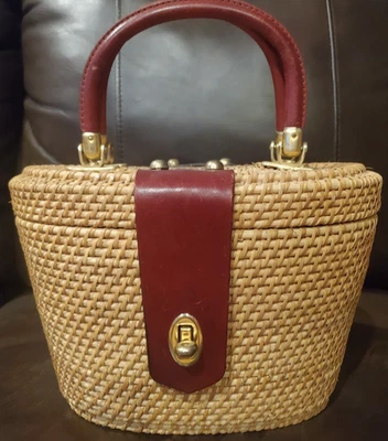Cartera/bolso de mano vintage de mimbre Loredana cesta de picnic con detalles de cuero nuevo Foto 1 de 4