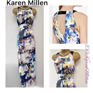 Karen Millen UK12 US8 Blurred Photographic Floral Print Stretch Satin Long Dress - Picture 1 of 20