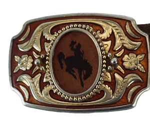 VTG L Brice USA Leather Belt Ornate Tooled Bronco Cowboy Buckle '80s RARE FIND - Imagen 1 de 9