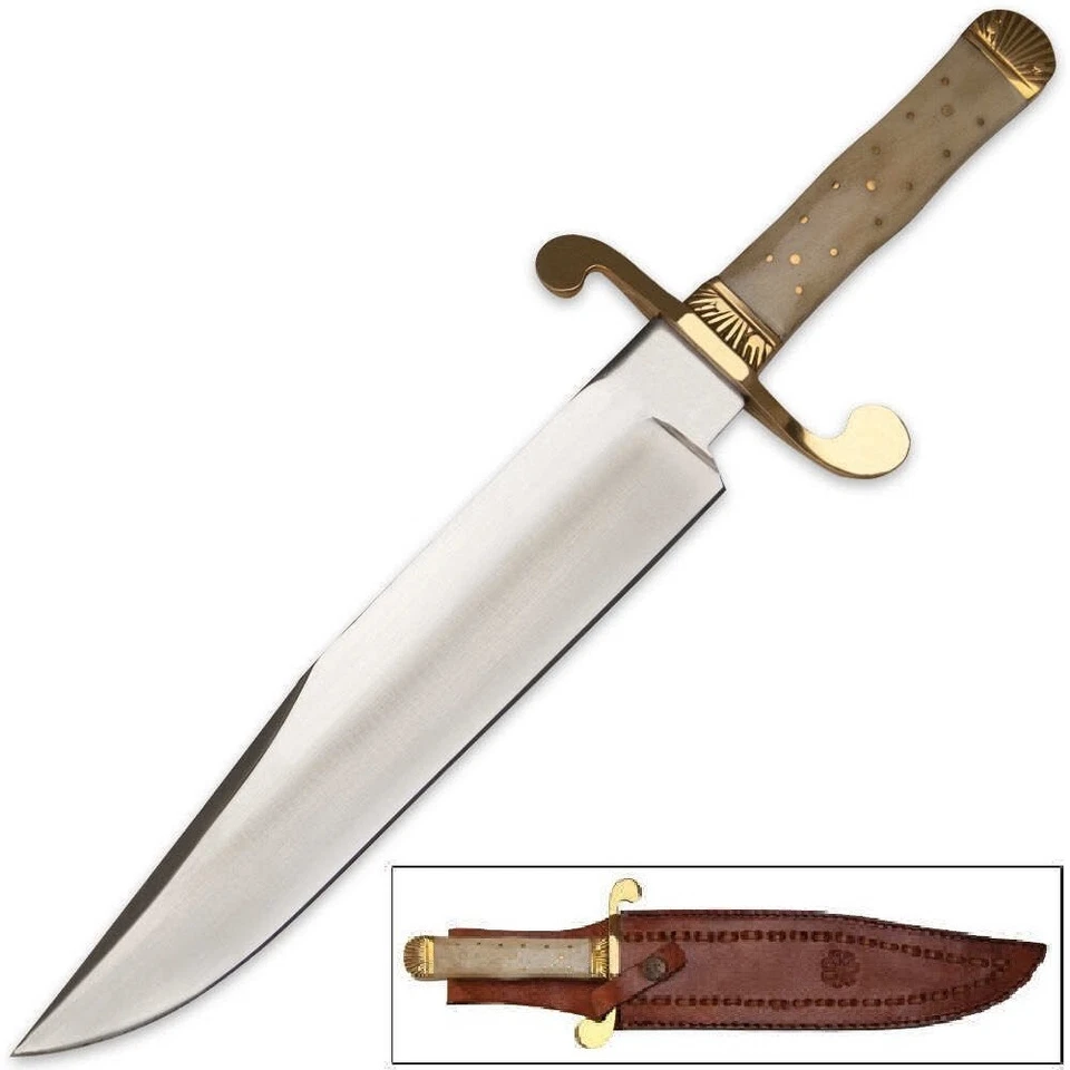 Cuchillo Bowie clásico con mango de hueso de 15-1/4" con hoja de acero al carbono y funda de cuero Foto 1 de 4