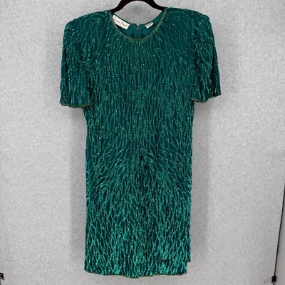 Laurence Kazar Womens VTG Silk Cocktail Party Dress Size M Green Sequin Beaded - Image 1 of 4