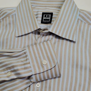Camisa de vestir IKE BEHAR de algodón a rayas azul dorado para hombre talla 15,5 32/33 - Imagen 1 de 13