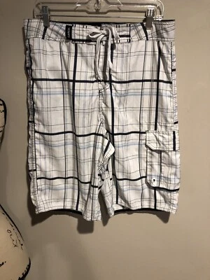 Carbon Mens Hybrid Board Swim Shorts Plaid White & Blue  Cargo Sz 32  EUC - Image 1 of 4