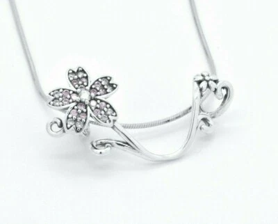 925 Sterling Silver Pink Sapphire Floral Flower Bridal Slider Pendant Necklace - Image 1 of 3