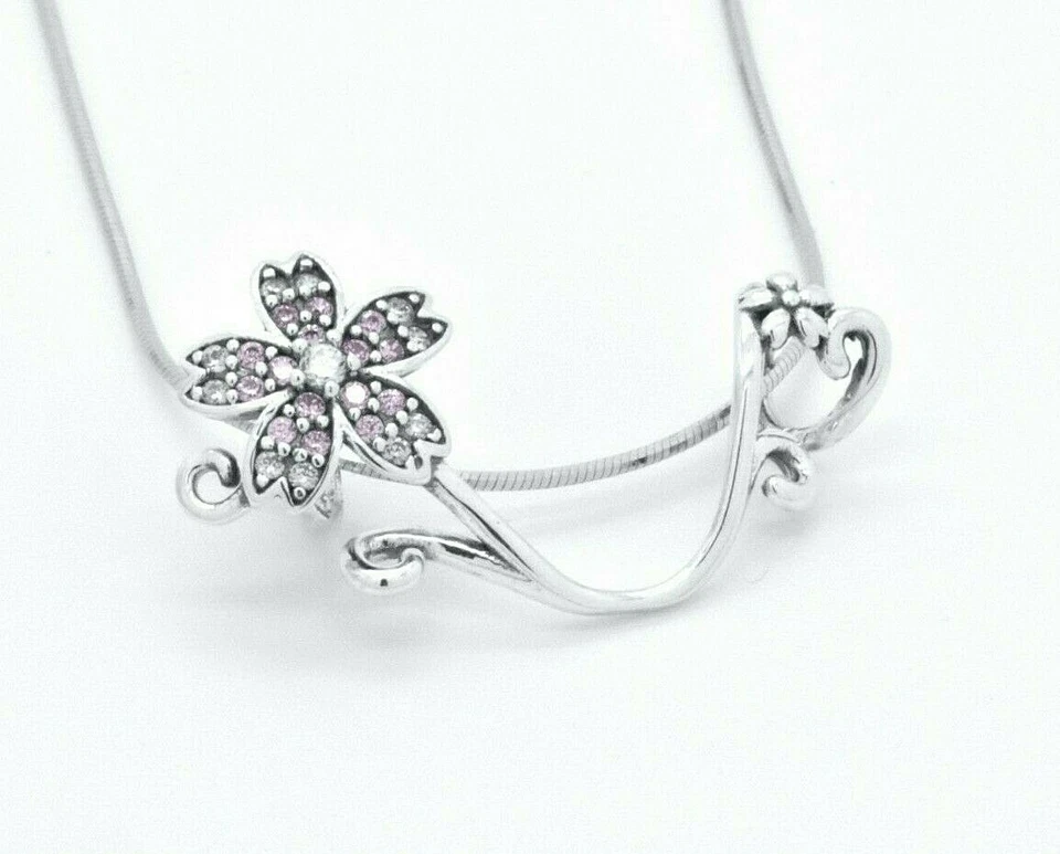 925 Sterling Silver Pink Sapphire Floral Flower Bridal Slider Pendant Necklace - Image 1 of 3