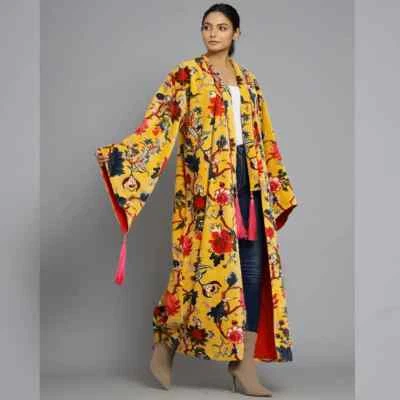 OFMD Floral Estampado Terciopelo Banyan Tela Kimono Algodón Terciopelo Bata Chaqueta Larga Foto 1 de 4