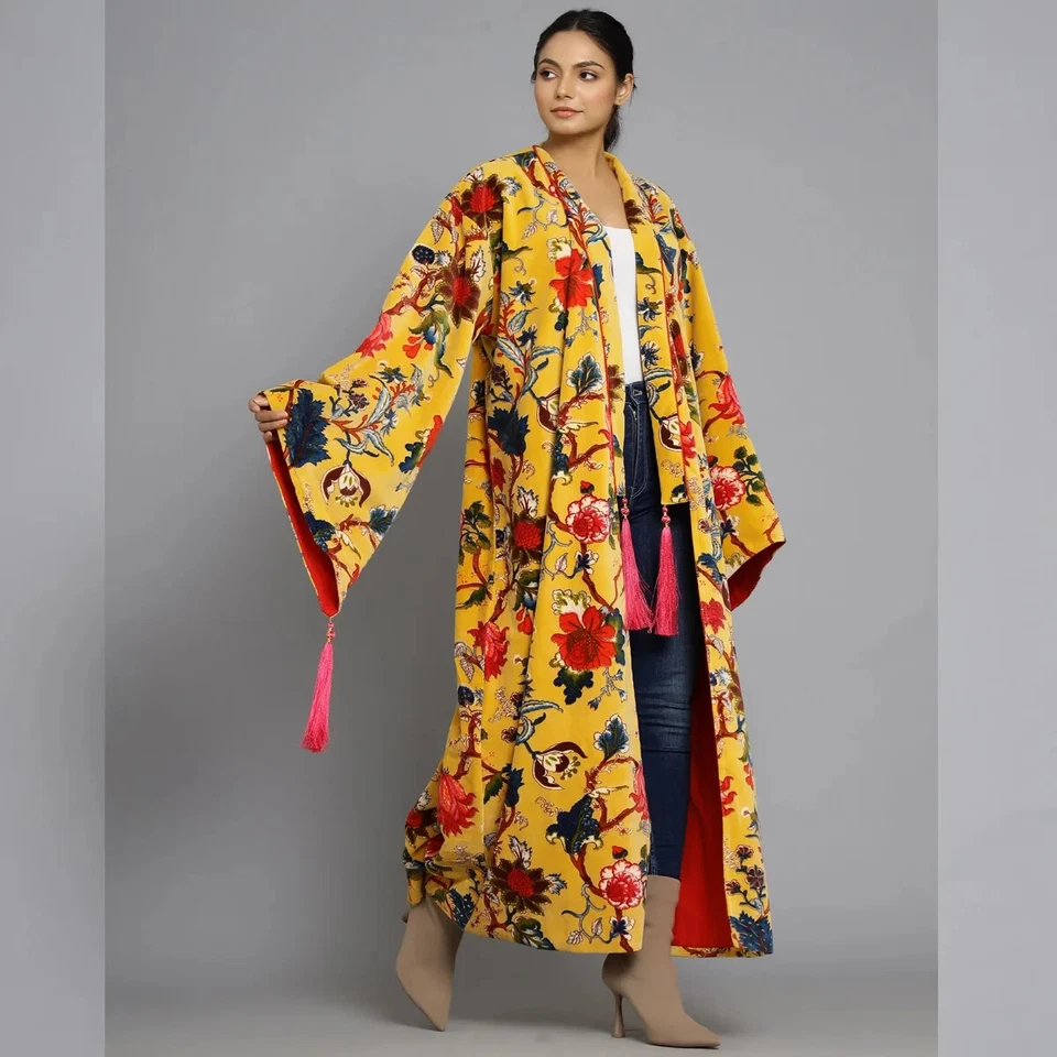 Jaqueta longa OFMD tecido banyan veludo estampado floral quimono algodão roupão de veludo - Imagem 1 de 4