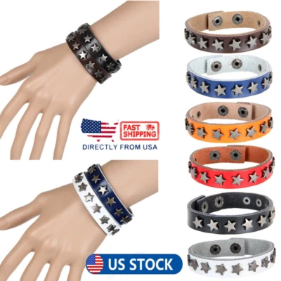 Pulsera de Cuero Punk Para Hombre Estrella Remache Gótico Ancho Cuero Pulsera Ajustable Foto 1 de 4