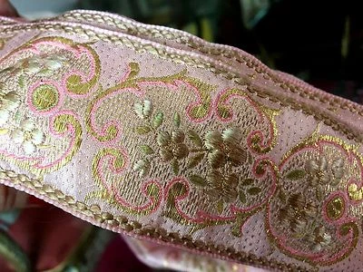 Vintage 1900 bordado jacquard seda 1 7/8" metálico 1 yarda hecho en Francia Foto 1 de 3