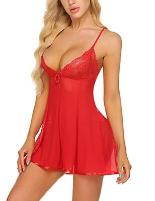 Lencería sexy roja talla grande encaje transparente ropa para dormir ropa interior babydoll tanga Foto 1 de 4