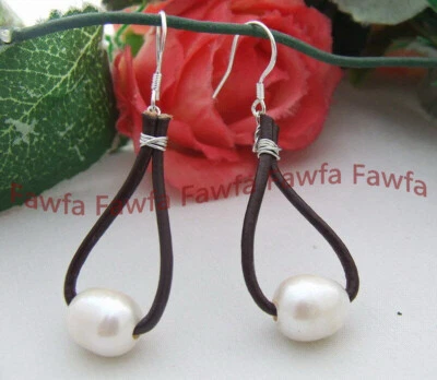 Pendientes colgantes de gancho de plata 925 de cuero negro con perlas de arroz blanco natural de 9x12 mm Foto 1 de 4
