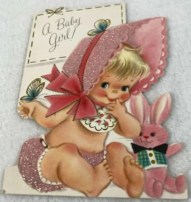 Vintage Hallmark Die Cut Greeting Card A New Baby Cute Girl With Bunny Rabbit  - Image 1 of 4