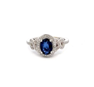 Anillo de compromiso ovalado genuino con halo de diamantes y zafiros azules Effy de oro blanco de 14 k Foto 1 de 4
