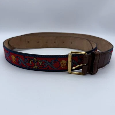 Cinto de couro muito raro Alexander McQueen padrão caveira vermelha tamanho 38/95 - Imagem 1 de 4