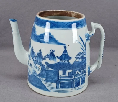 Кофейник 19 века китайский экспорт расписанный вручную синий кантонский узор - БЕЗ КРЫШКИ - Изображение 1 из 4