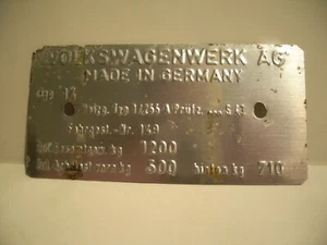 Placa de datos de aluminio EX original VW Volkswagenwerk AG 1969 tipo 14 Karmann Ghia - Imagen 1 de 9