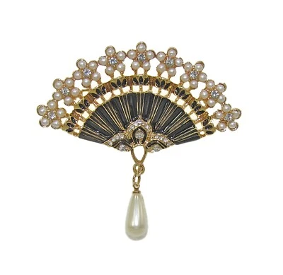 Жемчуг и кристалл вентилятор брошь заколка с черной эмалью и жемчуг слезоточивый капли - новый - Изображение 1 из 4