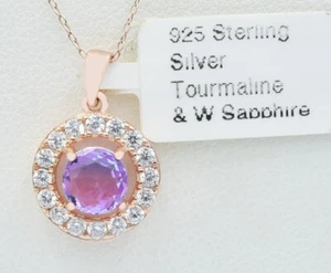LAB TOURMALINE 0.96 Cts & W/SAPPHIRE PENDANT NECKLACE .925 SILVER (Rose) - NWT - Picture 1 of 3