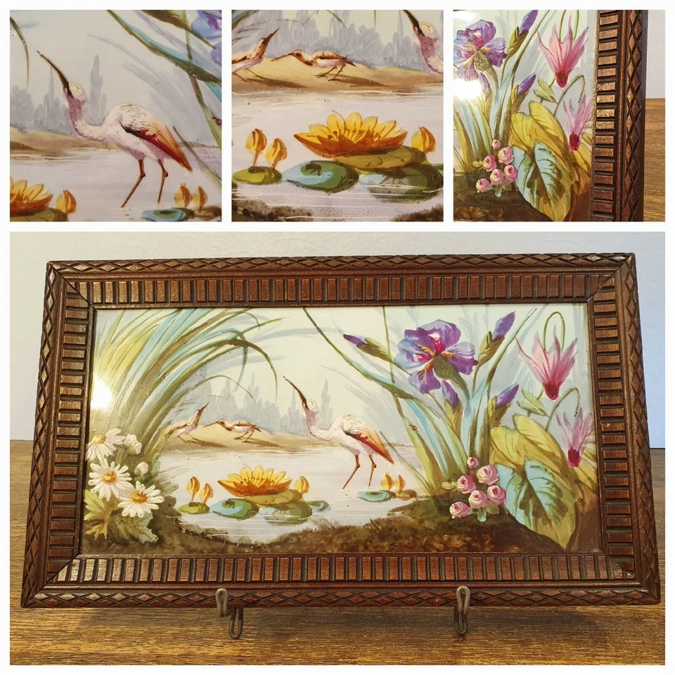 Tableau Huile sur Plaque  porcelaine Époque Napoléon III décor Fleur Et Oiseau  - Photo 1/4