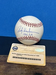 RICKY HENDERSON MAN OF STEAL 1406 SB BASEBALL SIGNED AUTOGRAPH STAT BALL - Picture 1 of 6