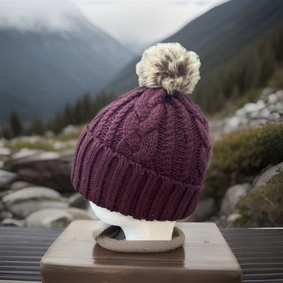 Free People Beanie кабель трикотажа бордовый искусственного меха шляпа унисекс anthropologie Pom Pom - Изображение 1 из 4