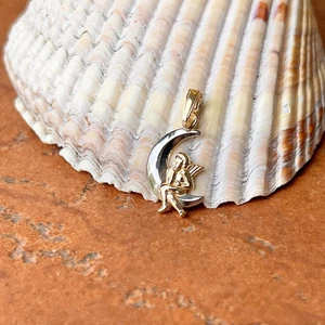 Two-Tone 14KT Yellow Gold Guardian Angel +Moon Pendant Charm - Picture 1 of 5