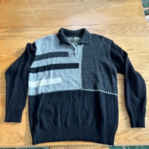 Peruvian Link Alpaca Collection Size Large Black Grey Collared 2 Button Sweater - Picture 1 of 9