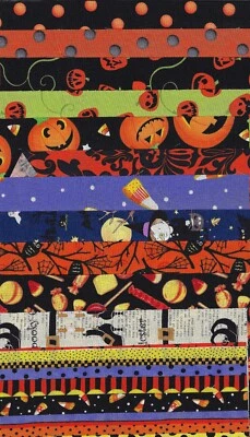 Halloween Fabric, Set of 12 Fat 1/8s, Candy, Dots, Orange, Black, Green Purple - Image 1 of 4