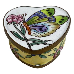 Portagioielli Vntg Cloisonne Butterfly Box Coperchio Forma Cuore Smalto Rame Piccolo - Foto 1 di 11