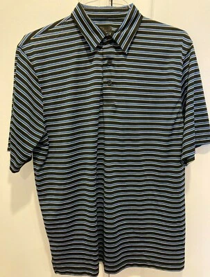 Greg Norman Polo Golf Shirt Men's Large Short Sleeve Striped black w/blue & gold Foto 1 de 4